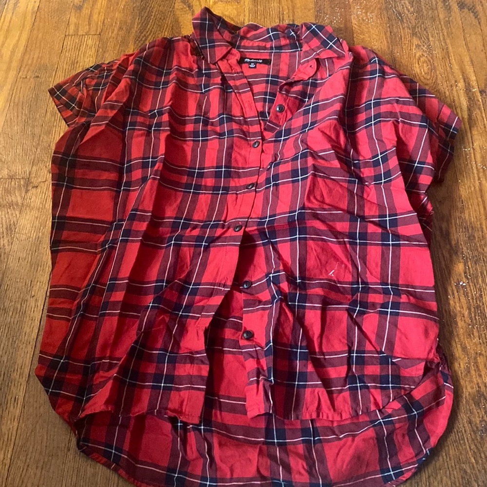 Madewell red plaid shirt sleeve button up (size xs)